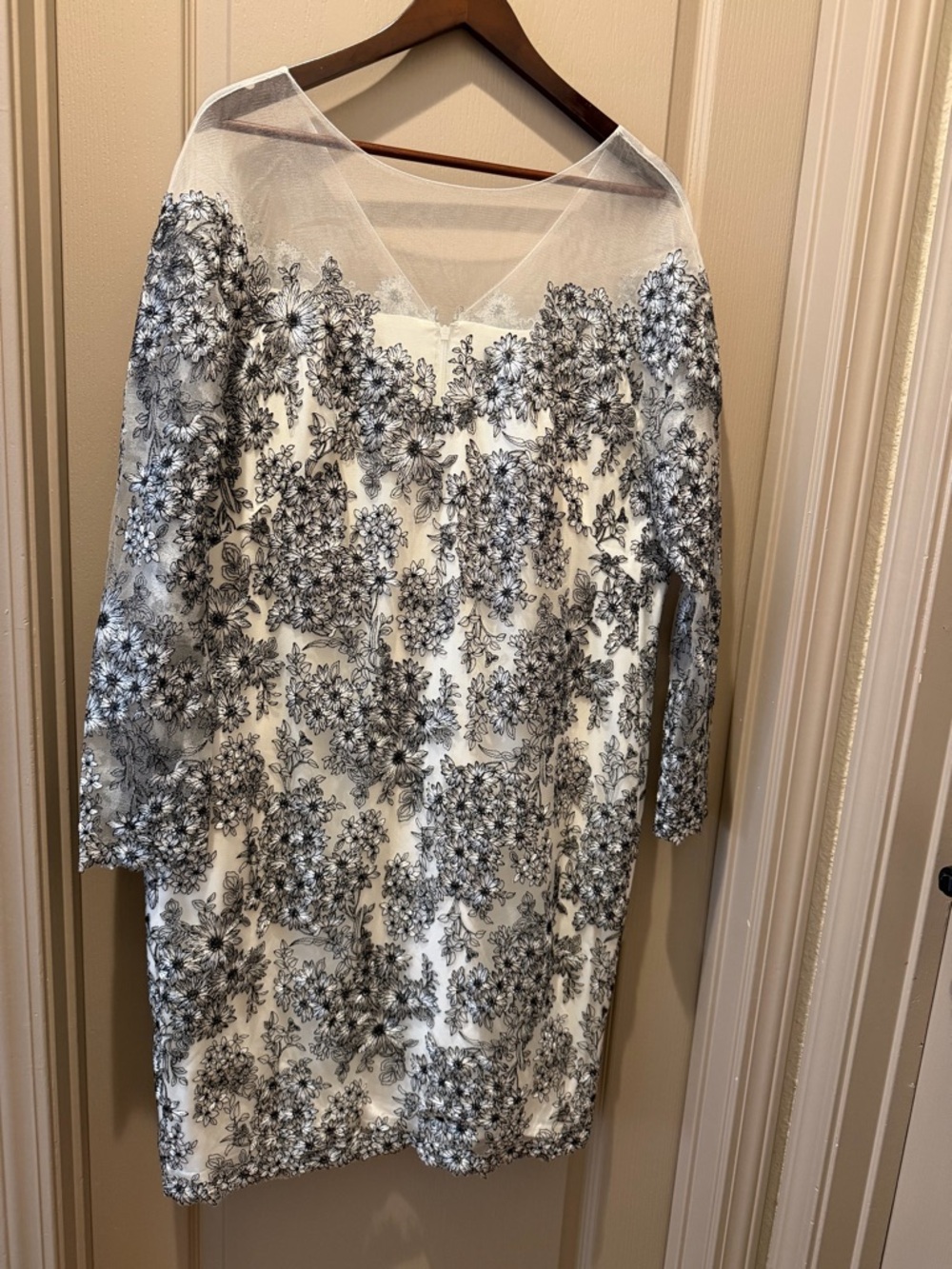 Tadashi Shoji White Dress with Black Floral Embroidery and Sheer Yoke